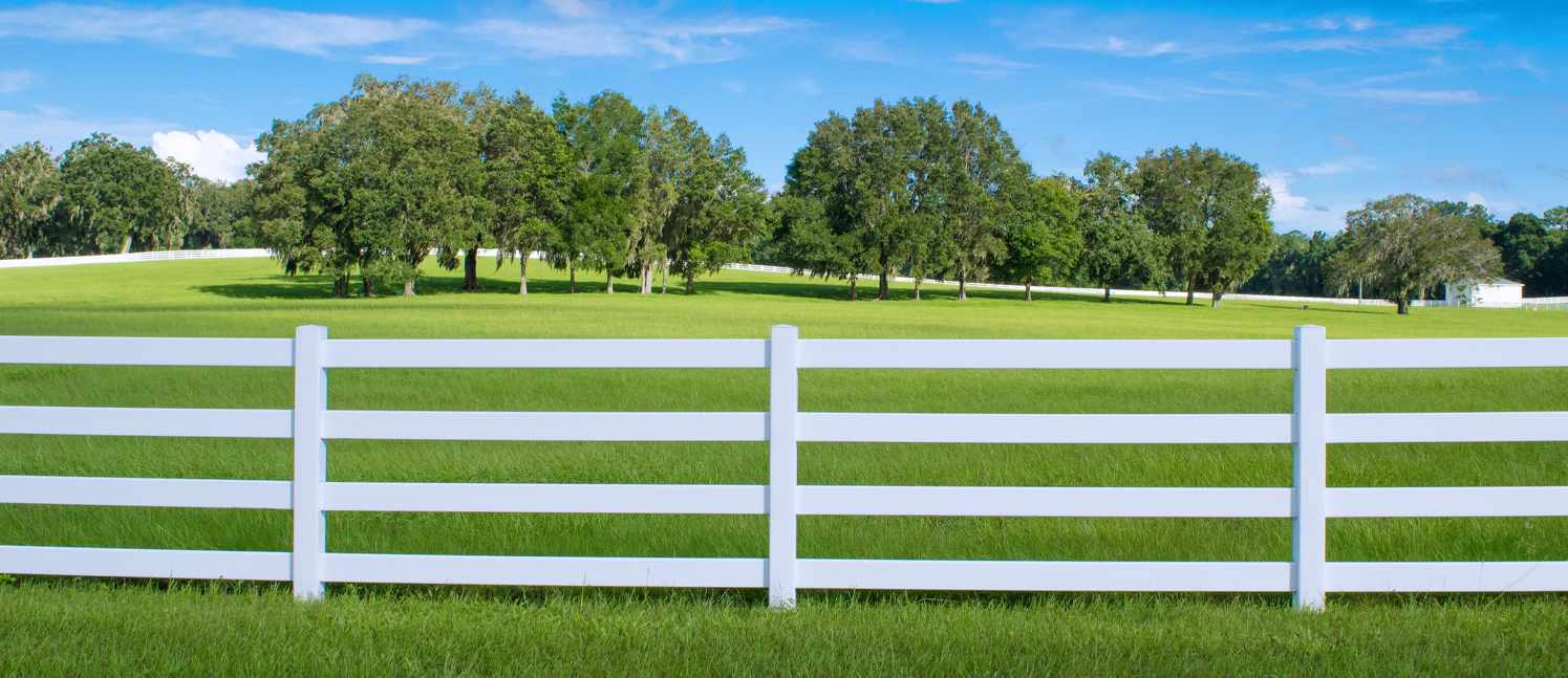 A white wooden fence around a green field with green trees on a sunny day